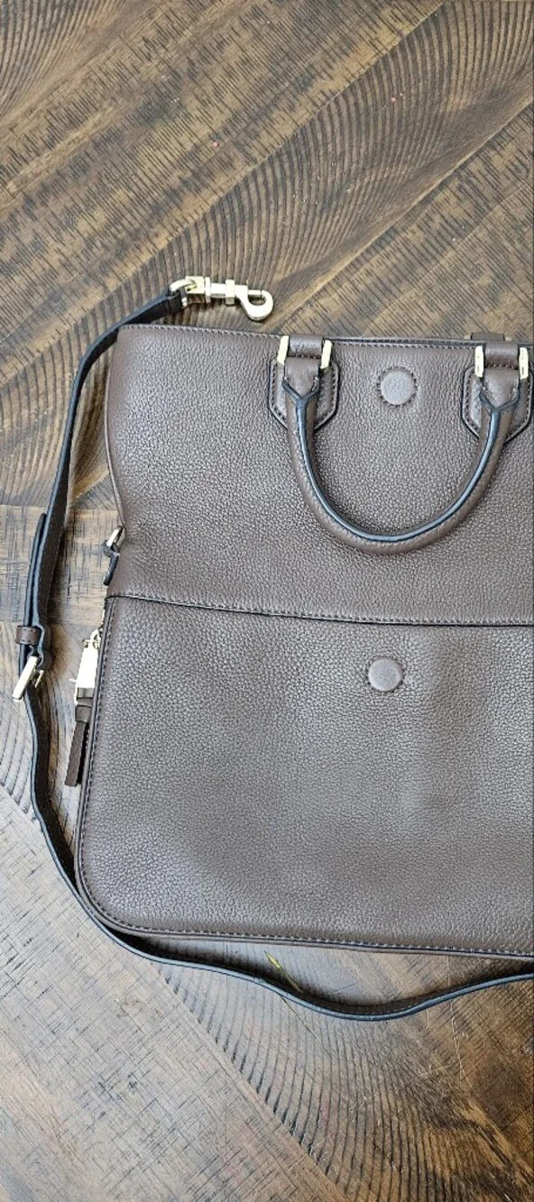 Tory Burch Dark Brown Pebbled Leather Laptop Tote with Gold Logo